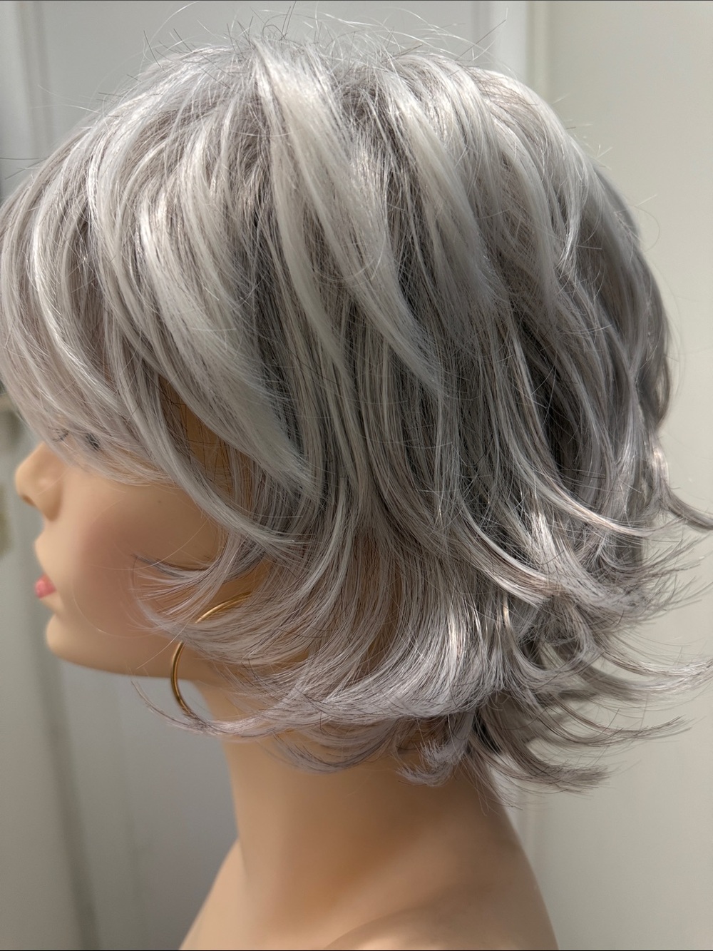 HAIR, Layered Pixie Cut with bangs, Silver/Gray/White with Eyelashes